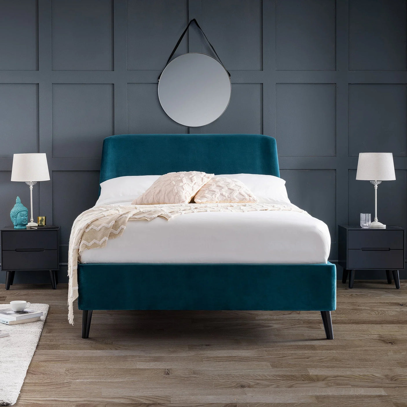 Frida Curved Velvet Bed - Teal / Double - FRI001