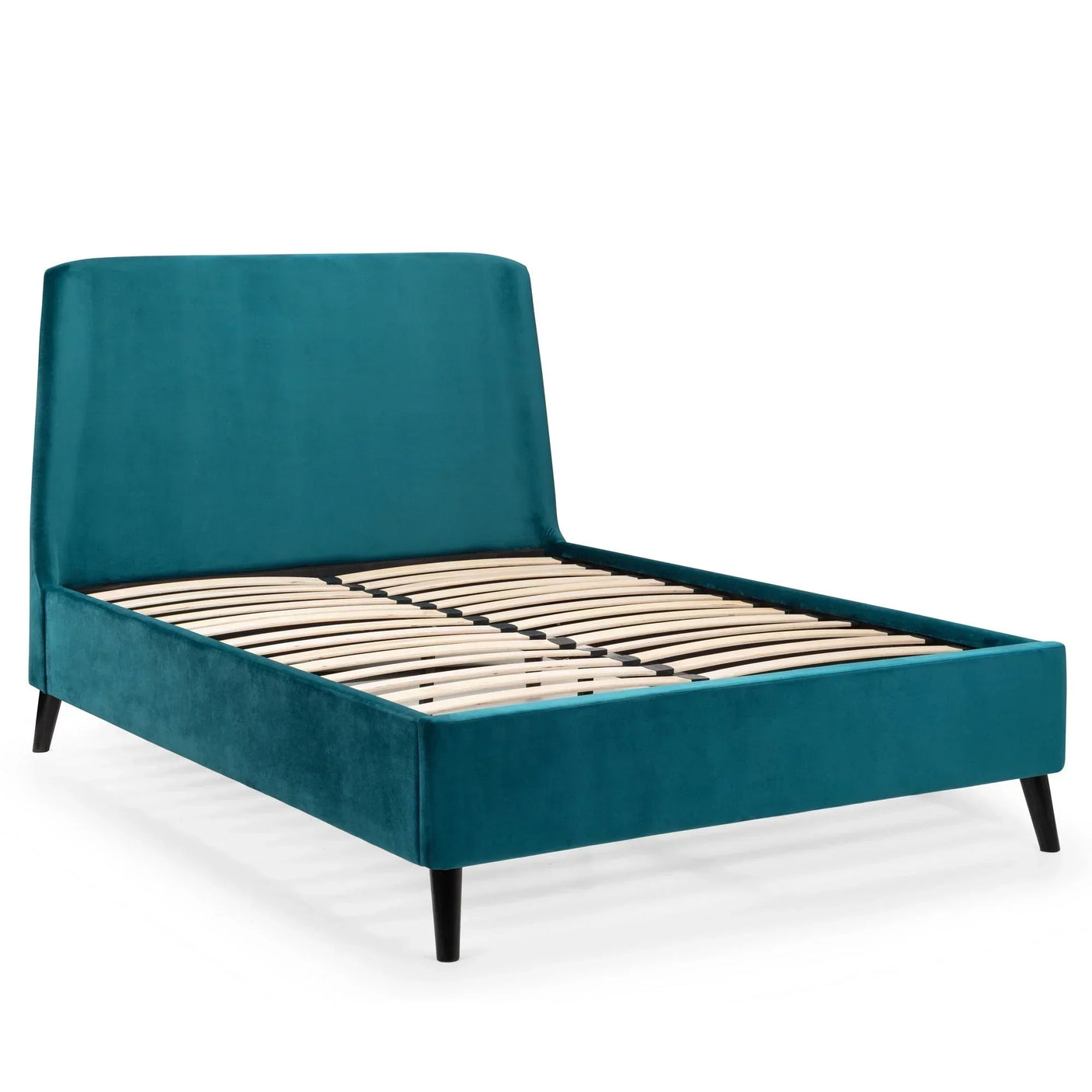 Teal velvet king bed frame with high headboard and wooden slats, angled front view