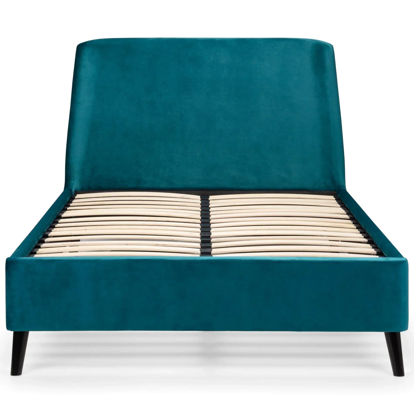 Teal velvet king bed frame with high headboard and wooden slats, front view