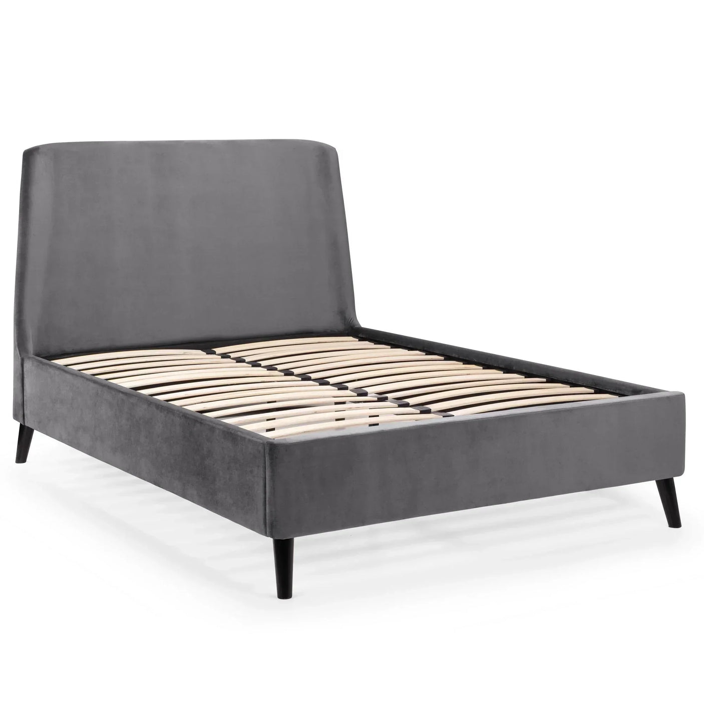 Grey velvet king bed frame with tall headboard and wooden slats, angled front view