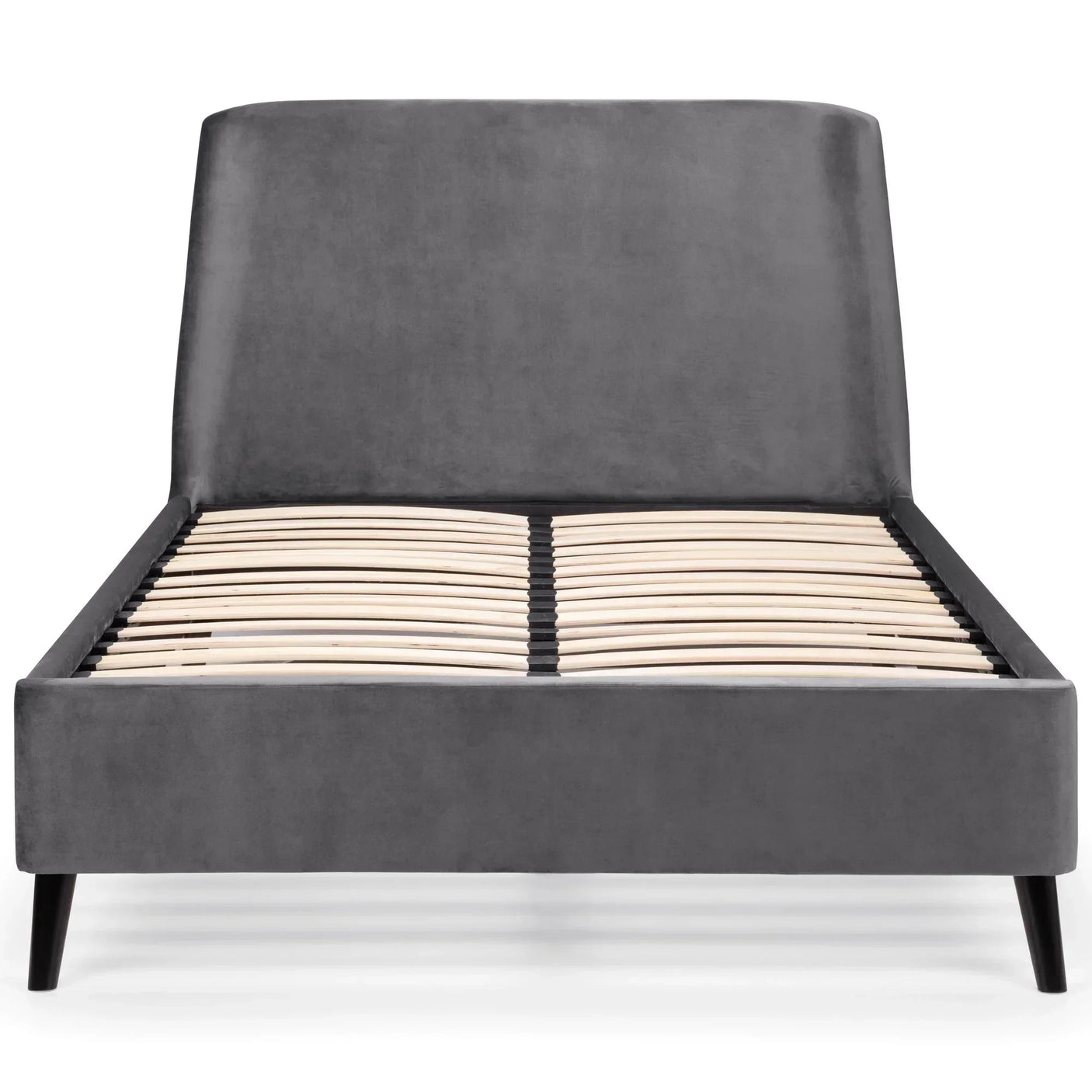 Grey velvet king bed frame with tall headboard and wooden slats, front view