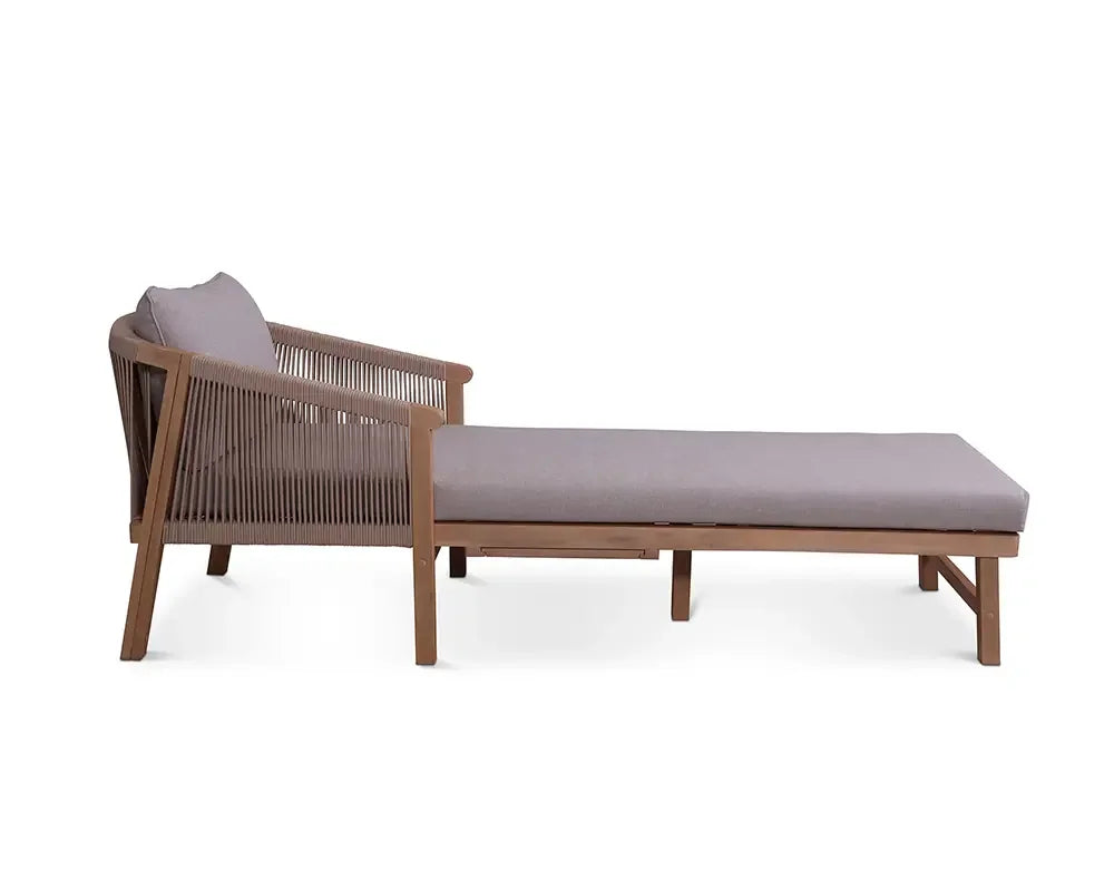 Wooden sun lounger with taupe cushioned seat and slatted side detail side view