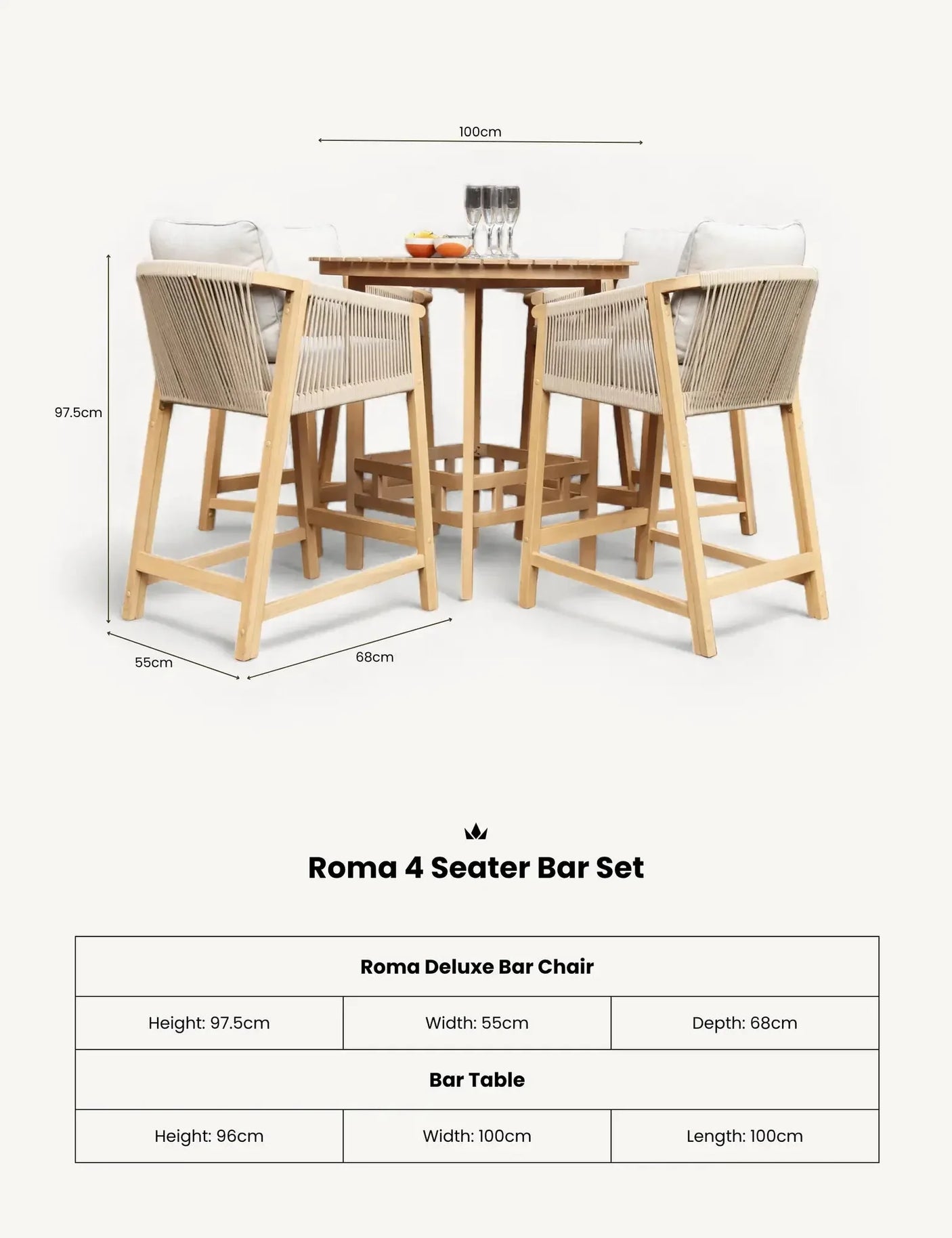Roma 4 seater bar set with rope back chairs and square wooden bar table, neutral cushions