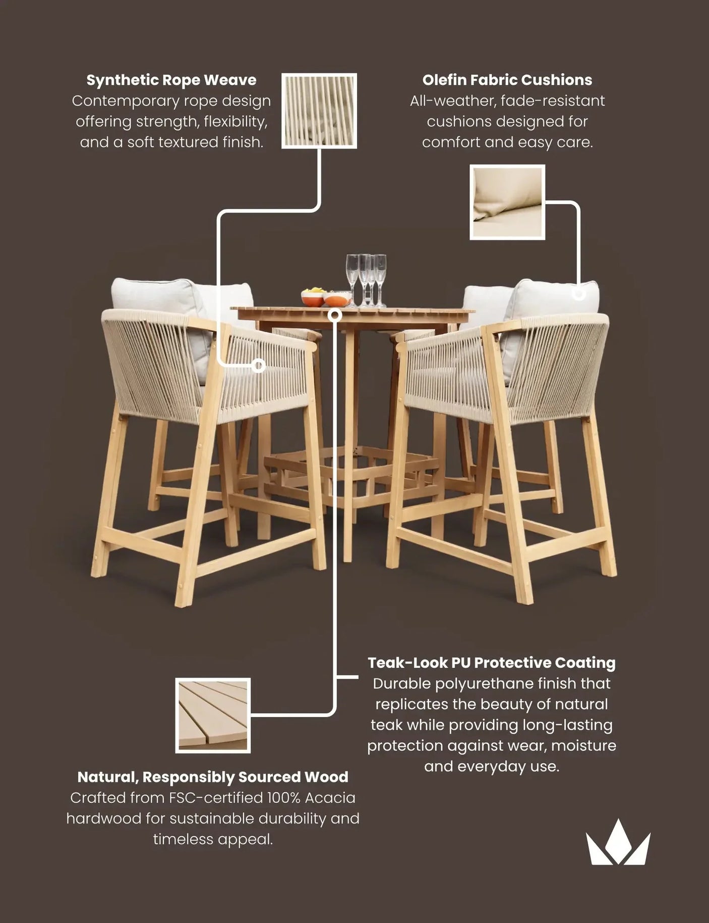 Outdoor dining set with acacia wood table, rope weave chairs, and olefin fabric cushions