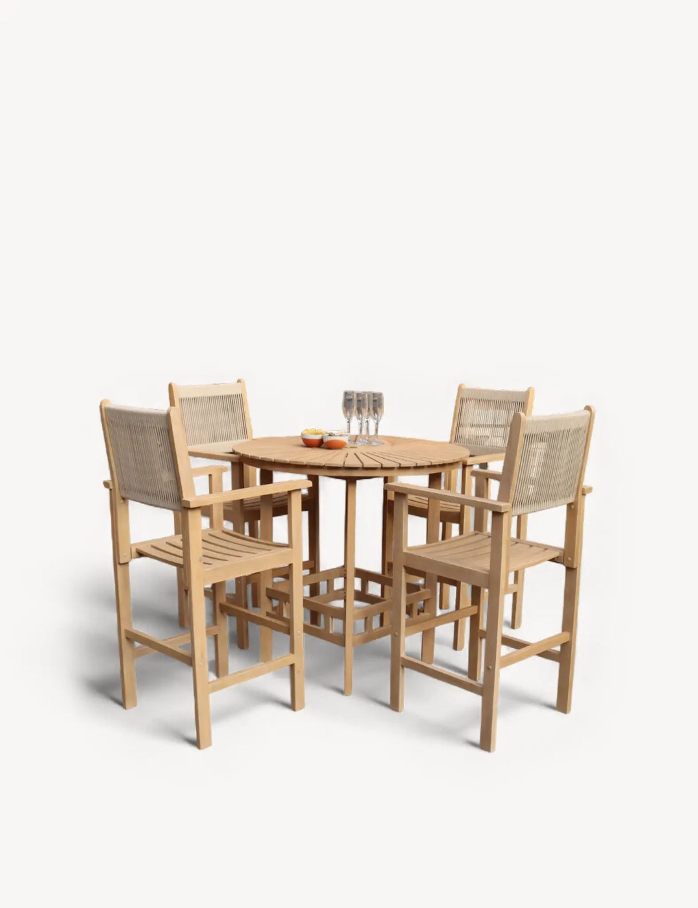 FSC 1 ROMA Bar Set: 100cm Round Sunray High Table with 4 Roma Rope Bar stools