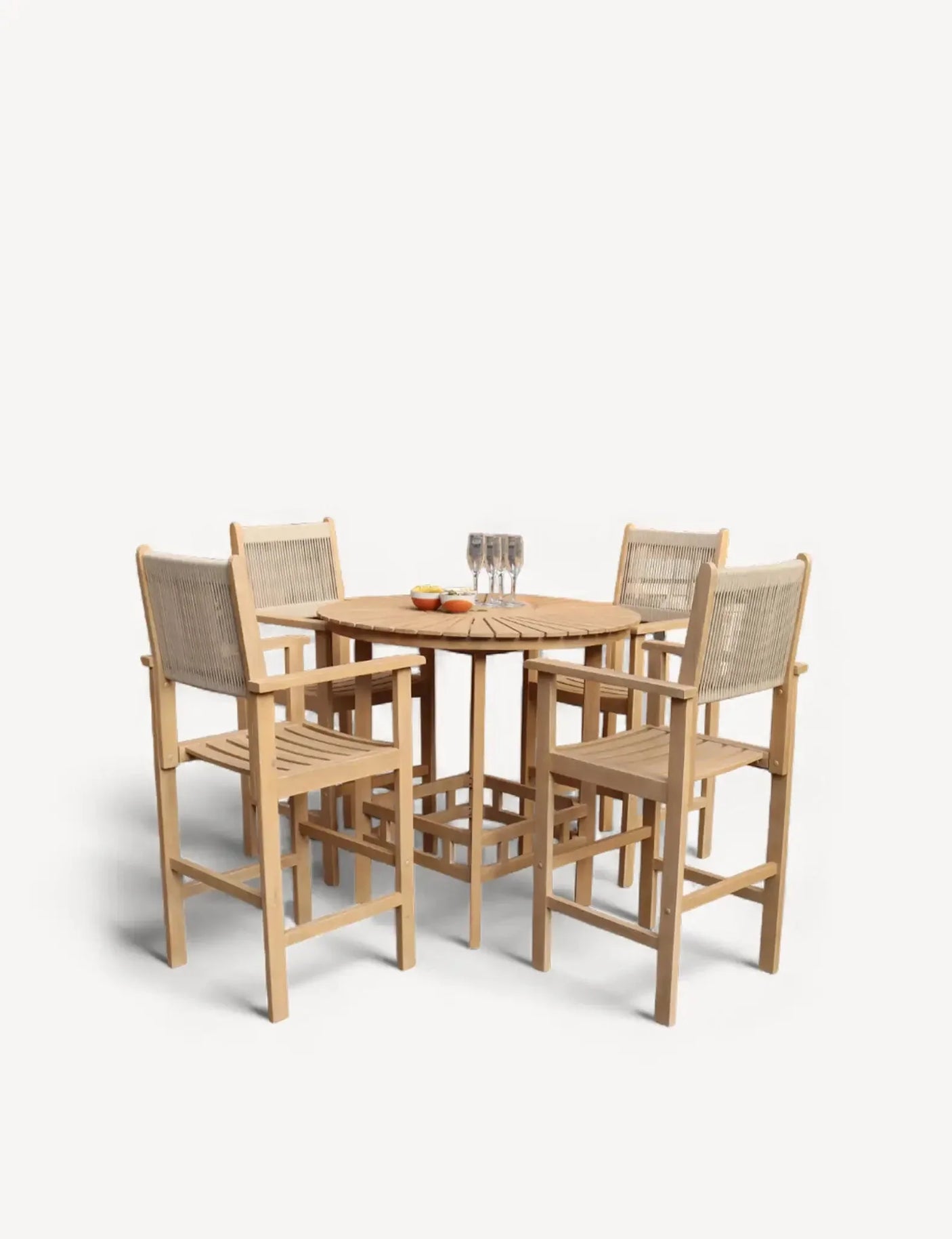 Wooden outdoor dining set with four high back chairs around square table, glasses on top