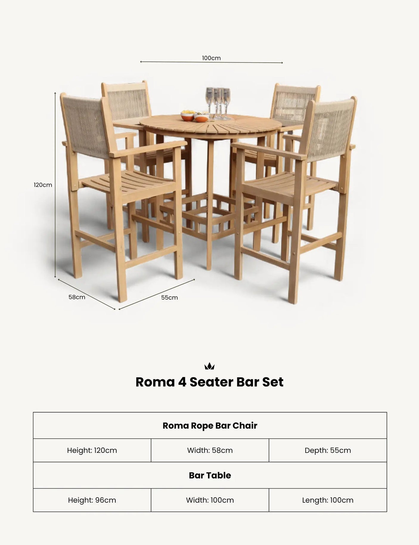 FSC 1 ROMA Bar Set: 100cm Round Sunray High Table with 4 Roma Rope Bar stools