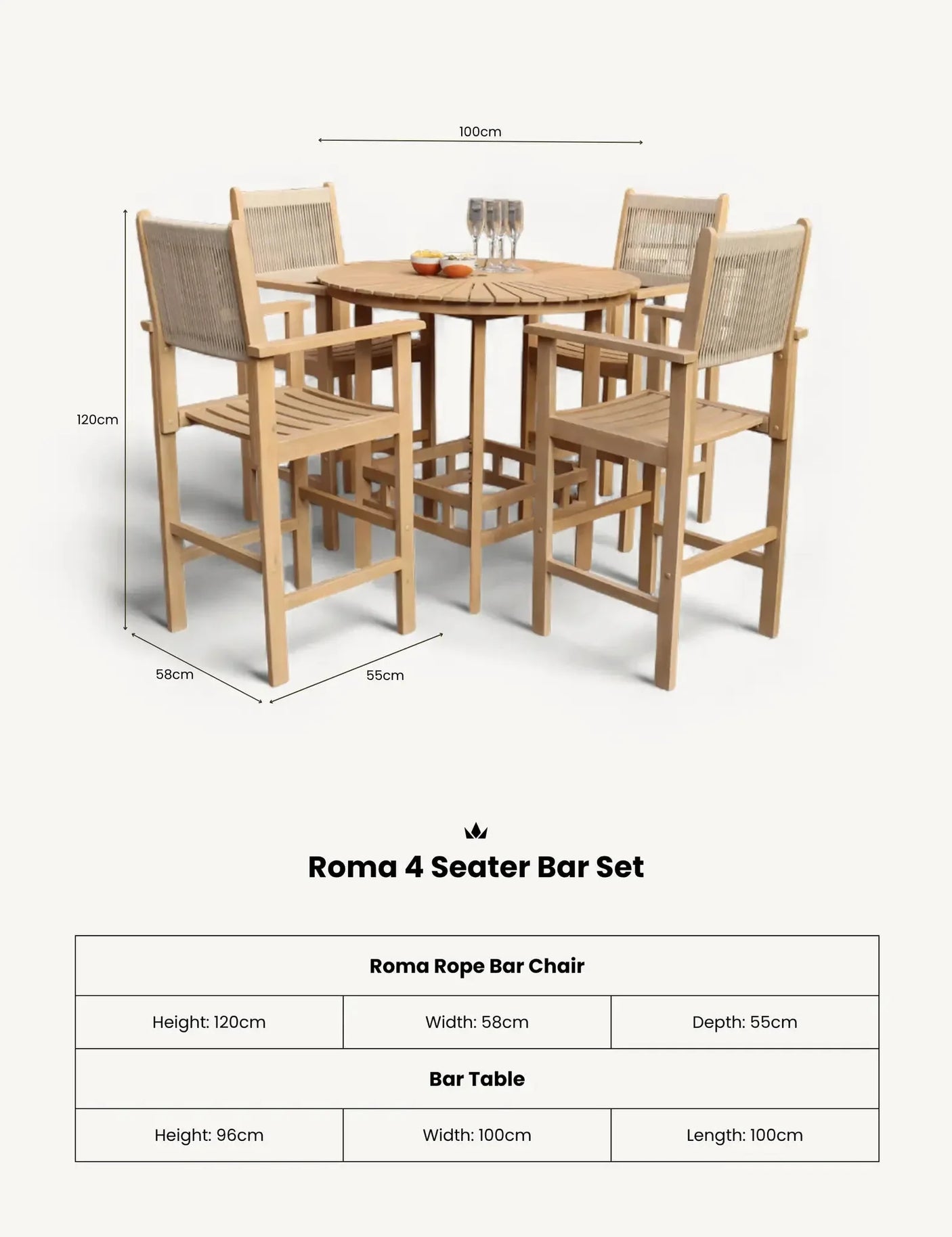 Roma 4 seater bar set with rope bar chairs and square wooden bar table, neutral finish