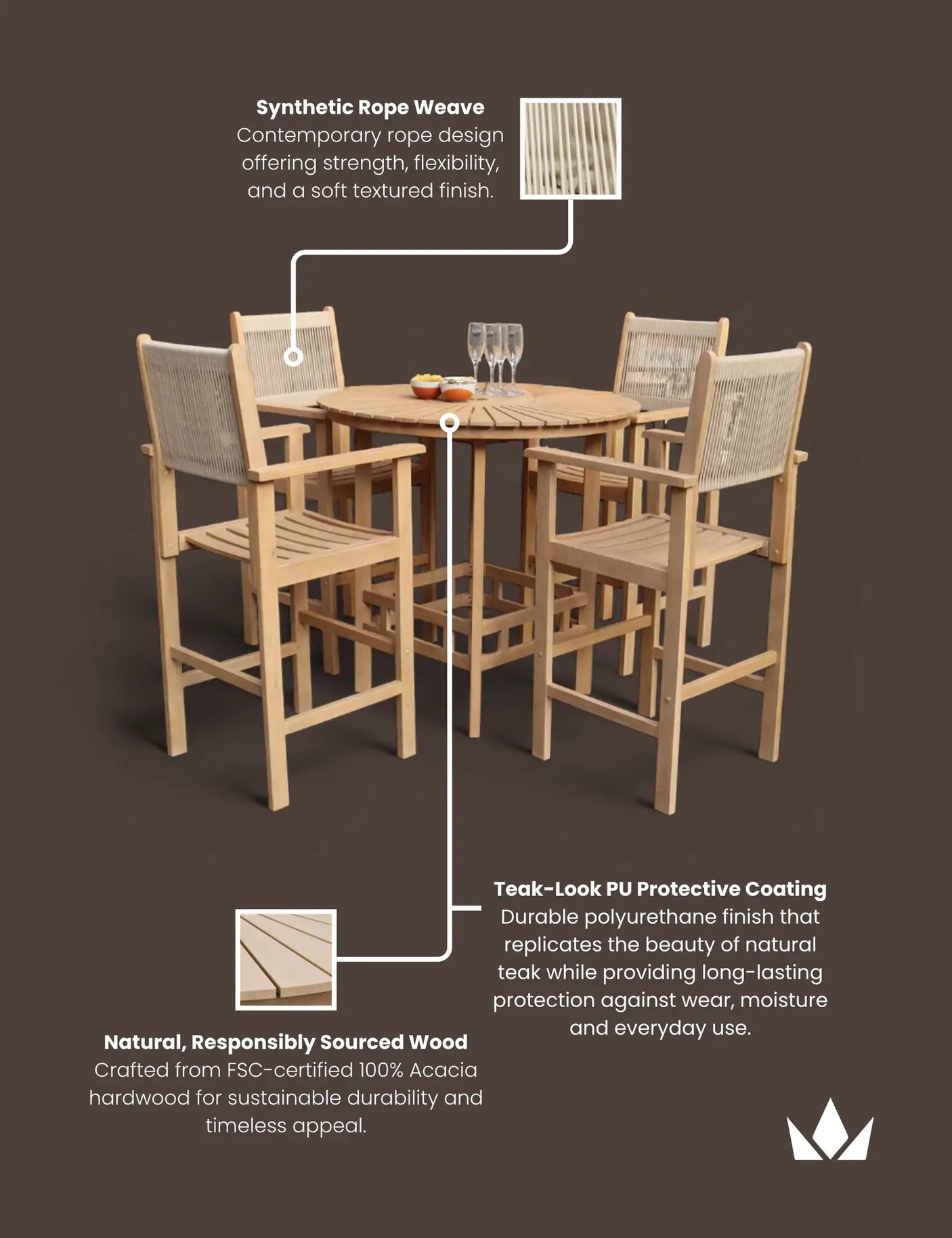 FSC 1 ROMA Bar Set: 100cm Round Sunray High Table with 4 Roma Rope Bar stools