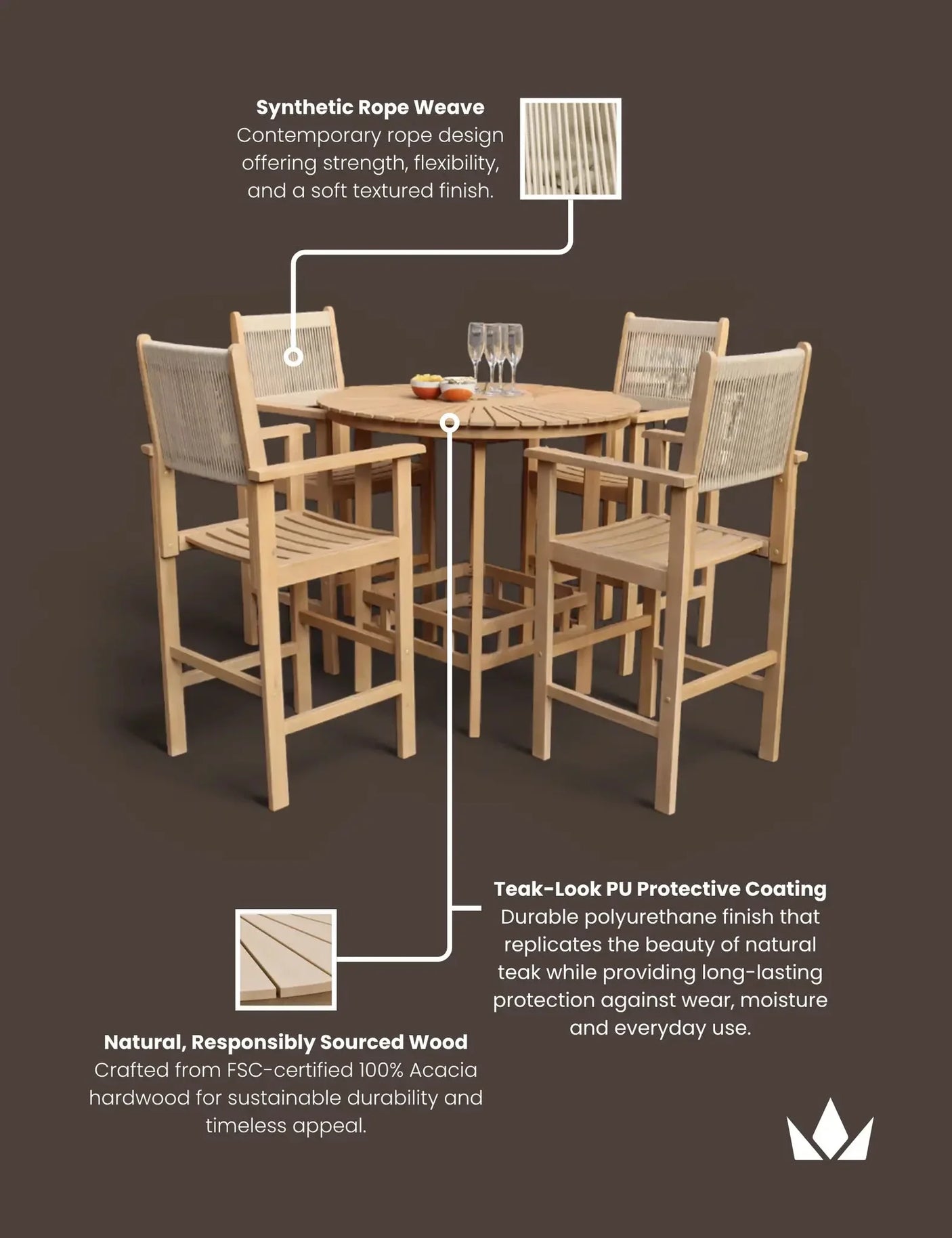 Acacia wood outdoor dining set with rope weave chairs and round table, glasses on top
