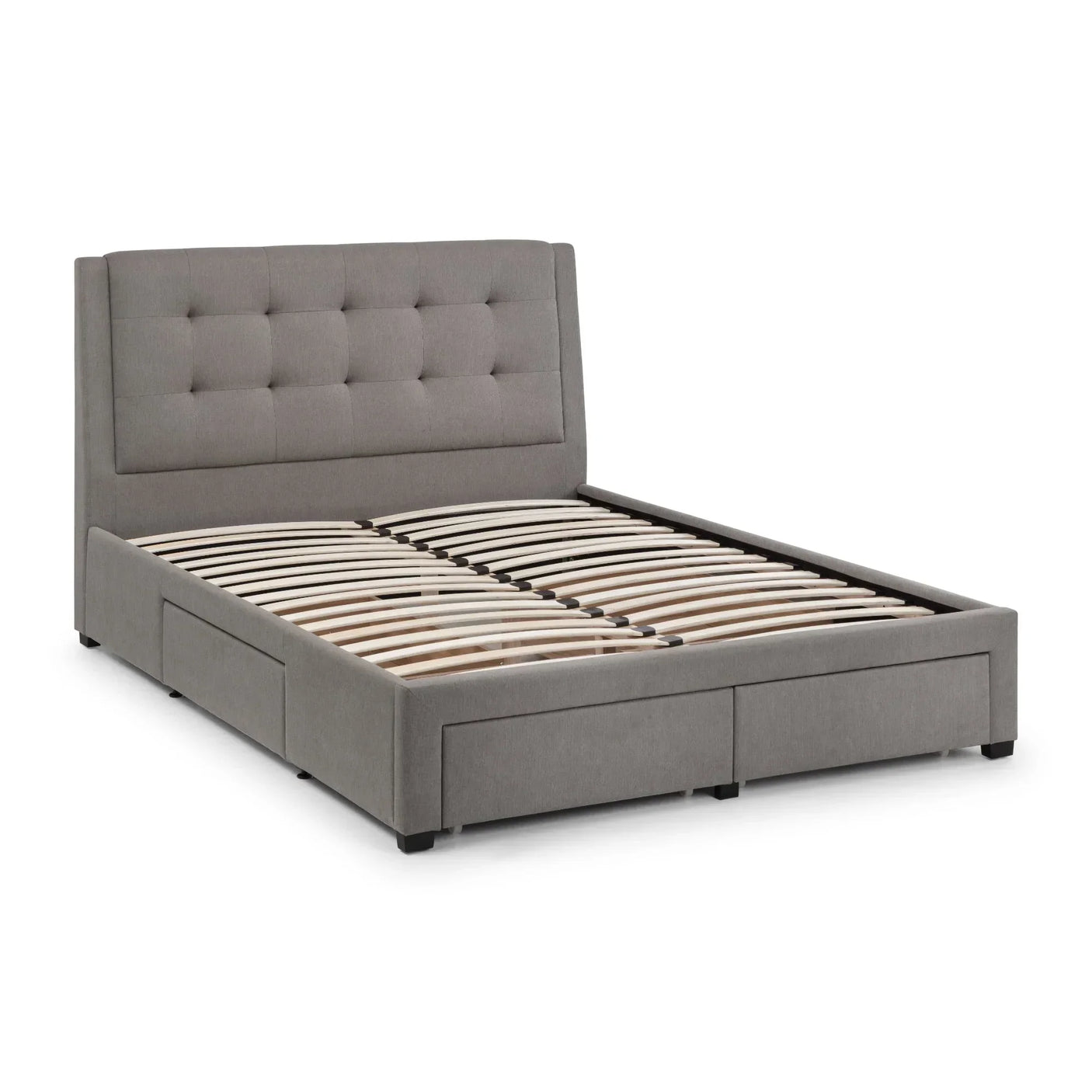 Grey upholstered double bed frame with four storage drawers and tufted headboard