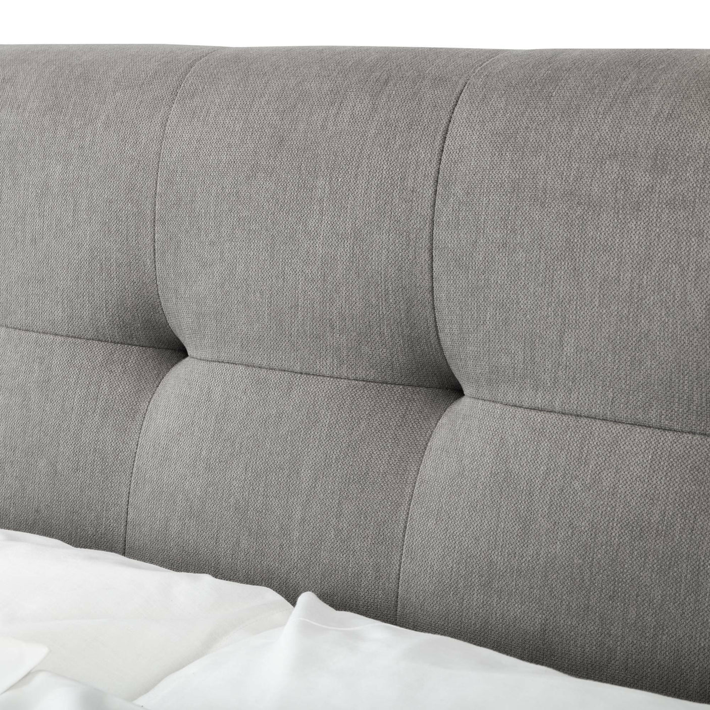 Upholstered grey double bed headboard with stitched panel detail