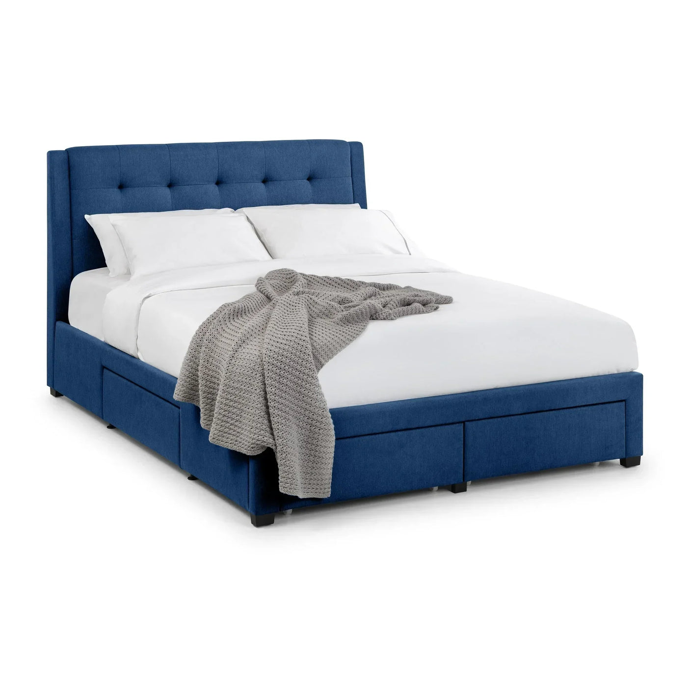 Blue upholstered double bed with four storage drawers and tufted headboard