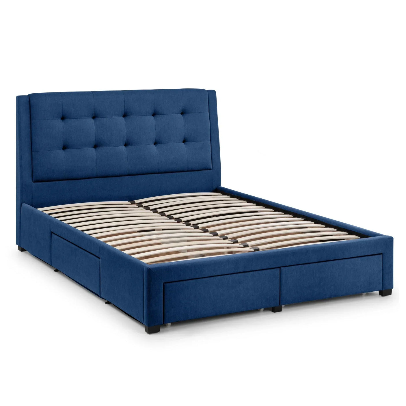 Blue upholstered double bed with tufted headboard and four storage drawers, angled view