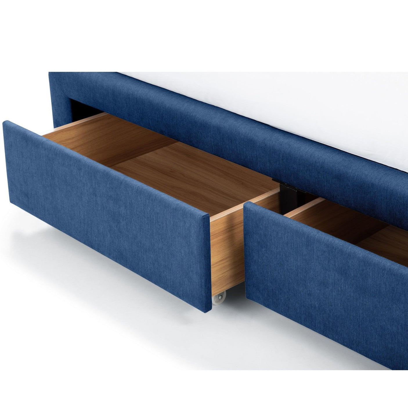 Blue double bed with two open storage drawers, upholstered frame, wood drawer interiors