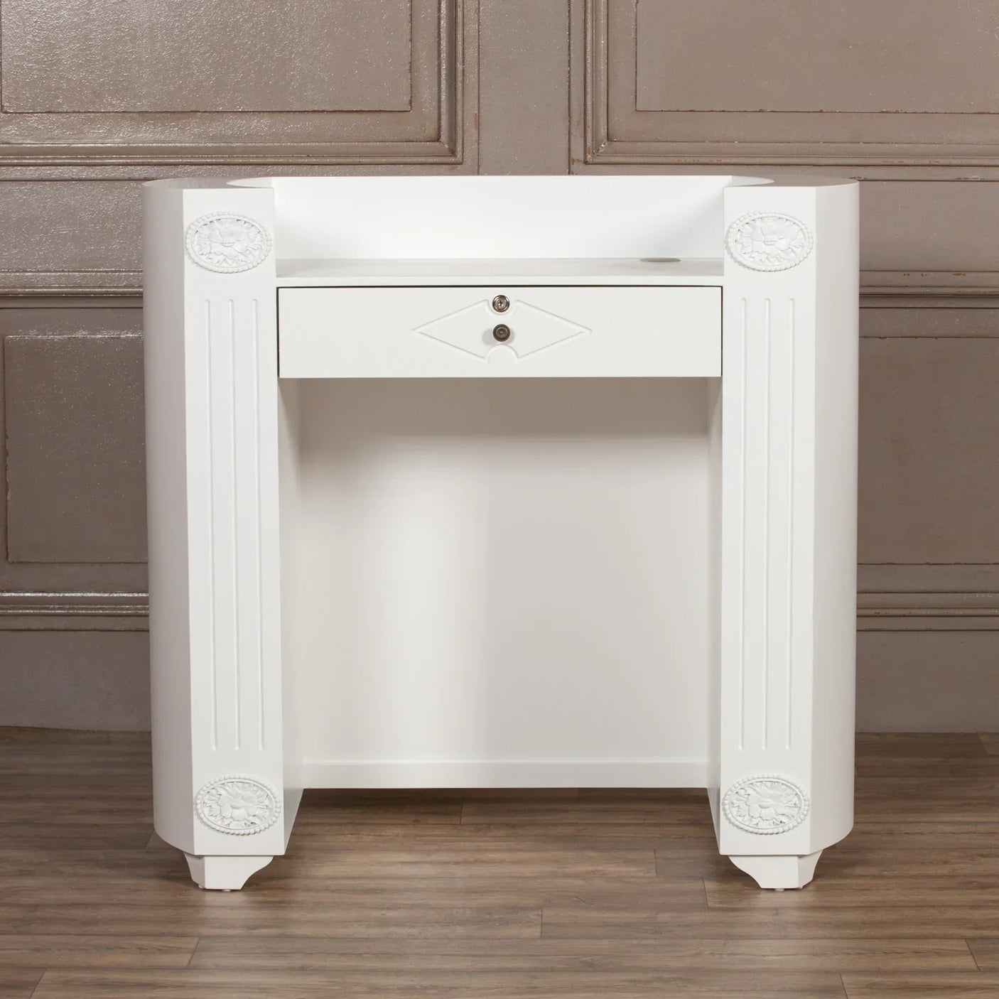 White console table with carved details, single drawer and modern fluted side panels