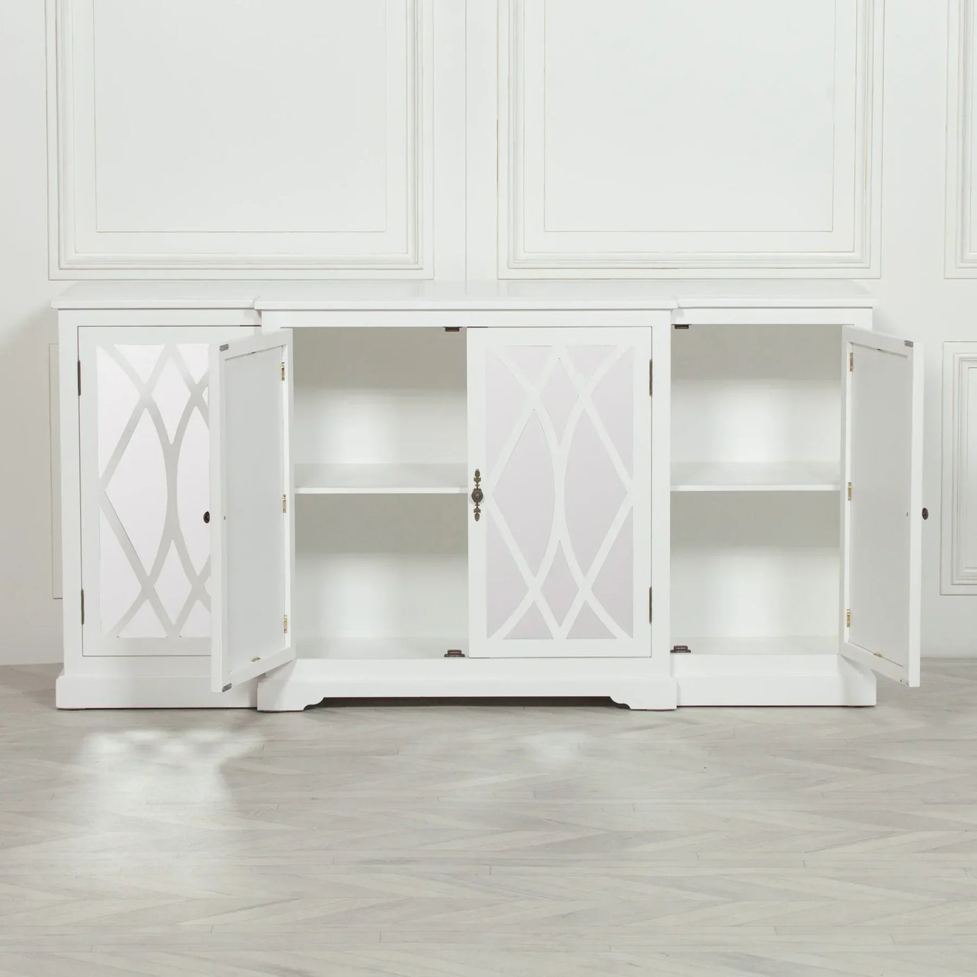 White sideboard cabinet with open doors, decorative glass panels, and interior shelving