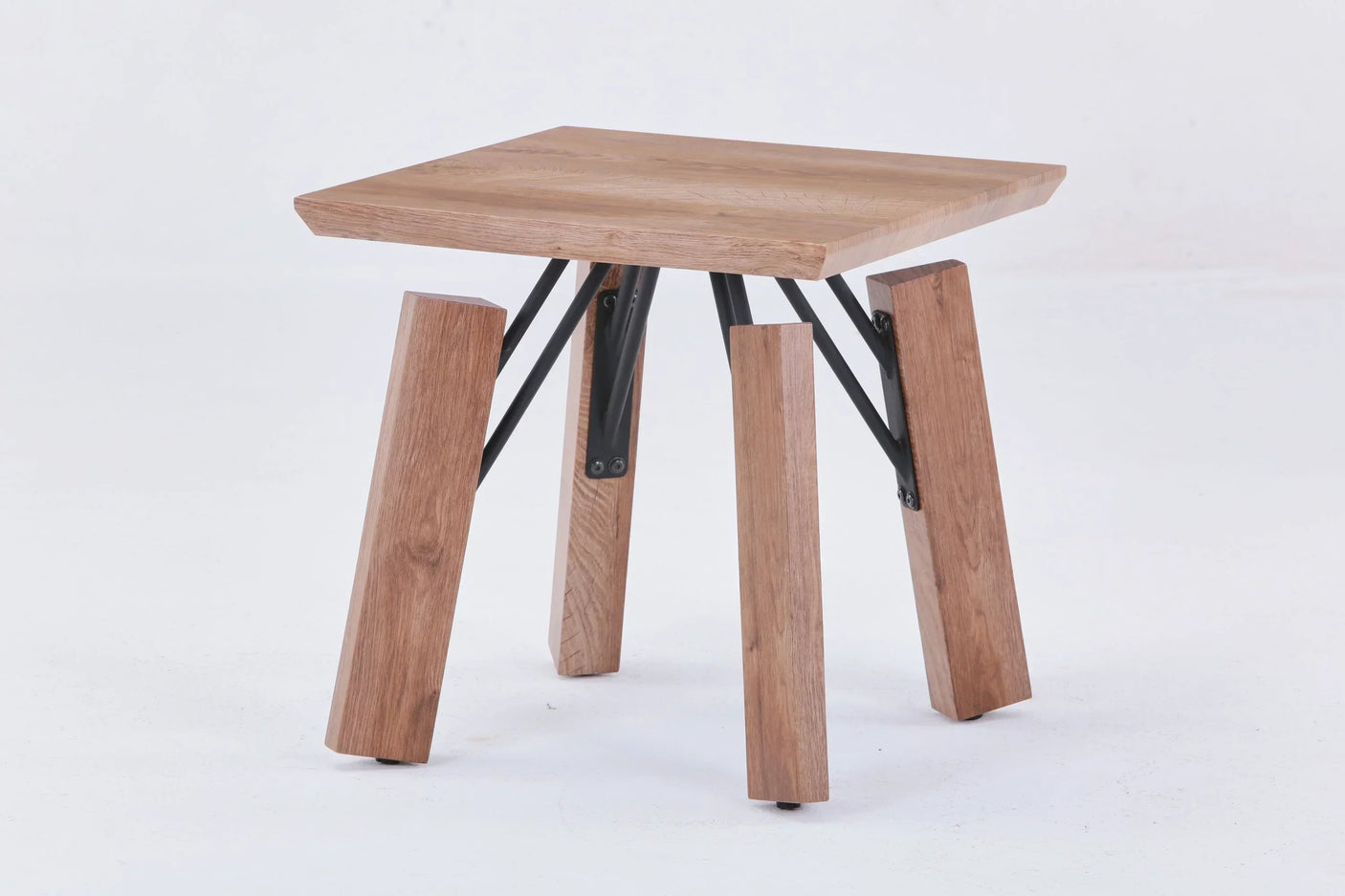 Square wooden side table with angled legs and black metal supports, modern design