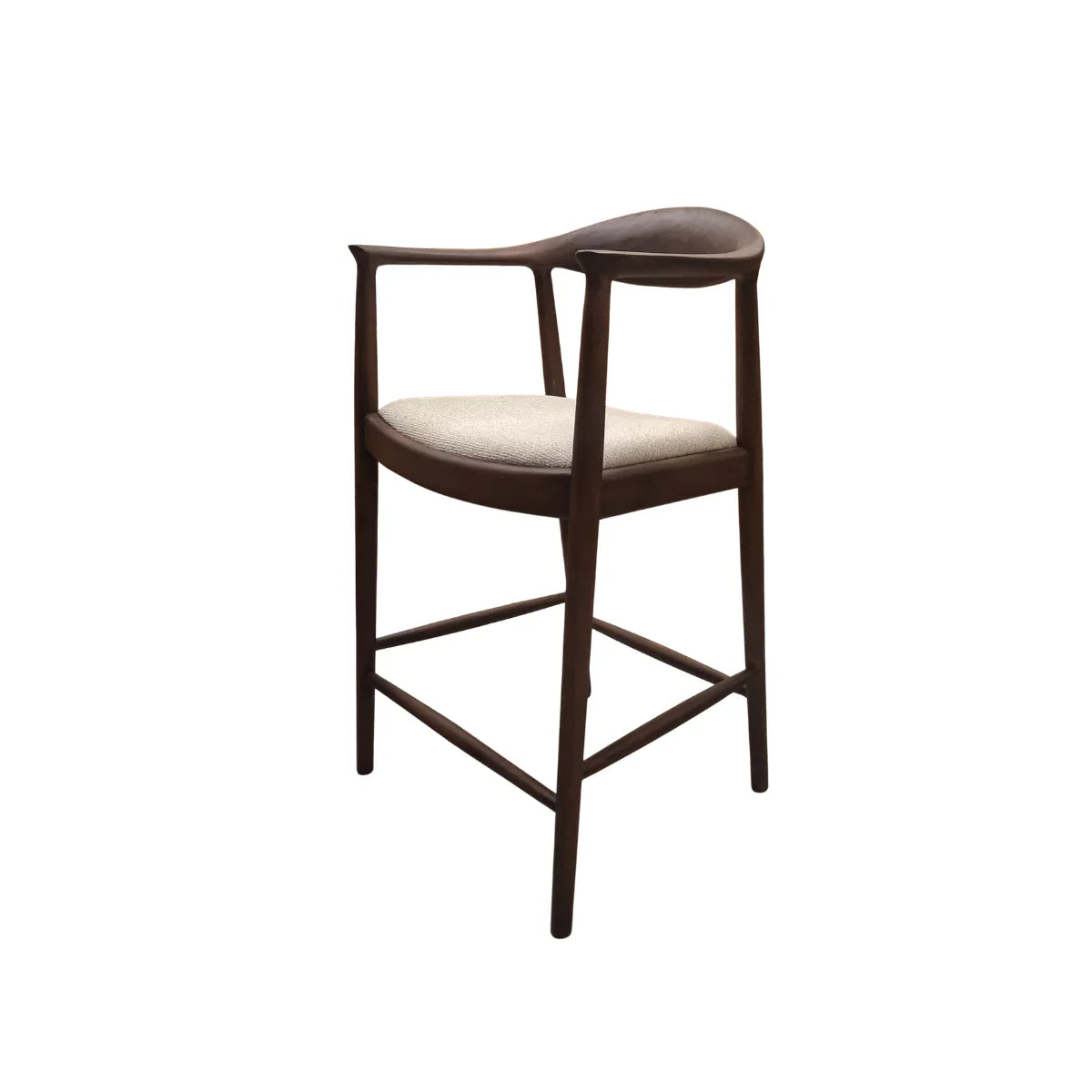 Walnut wood barstool with curved backrest and beige fabric seat, angled side view