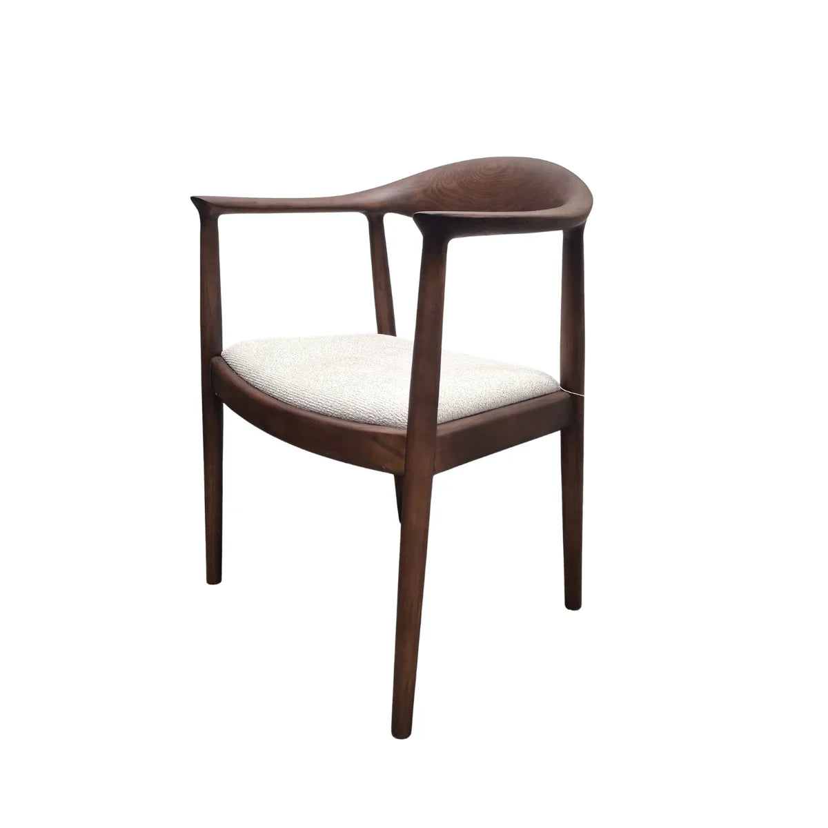 Dark wood dining chair with curved back and light fabric seat cushion, side angle view