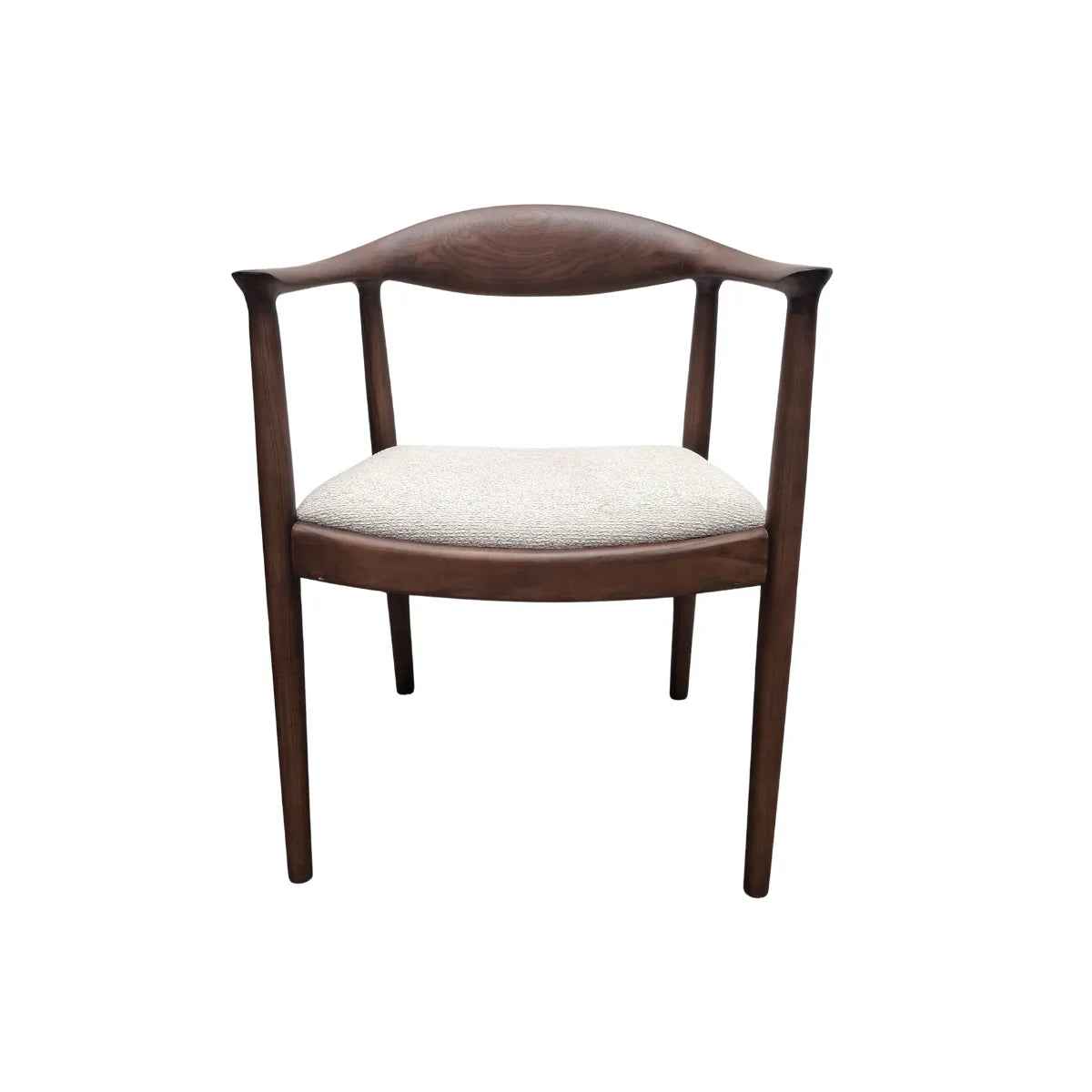 Wooden accent chair with curved backrest and cream upholstered seat, front view