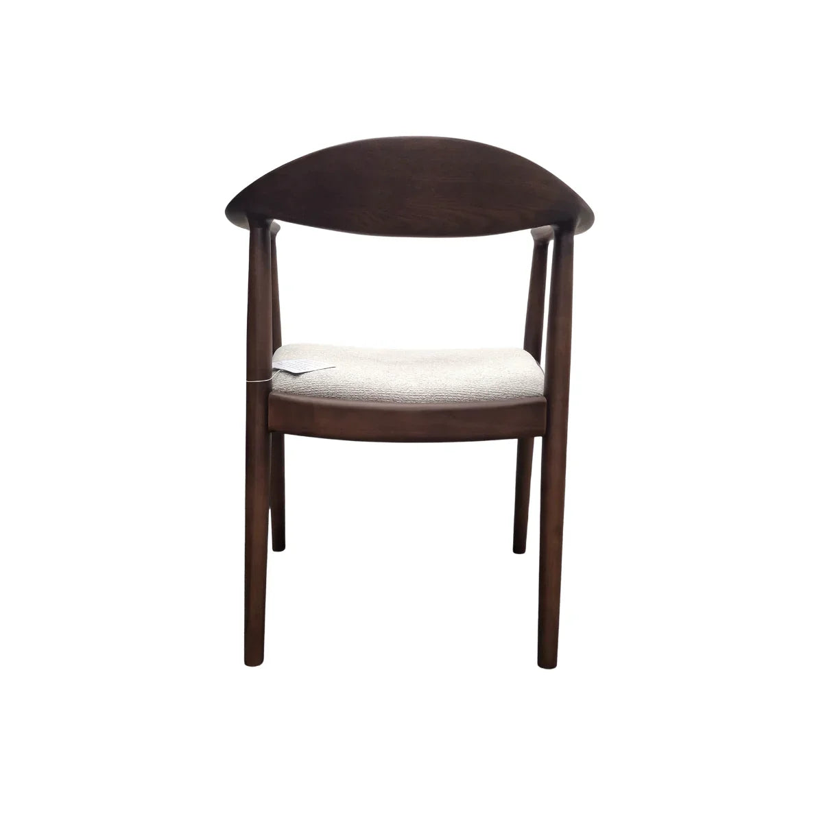 Dark wood dining chair with curved back and light cushioned seat, front view