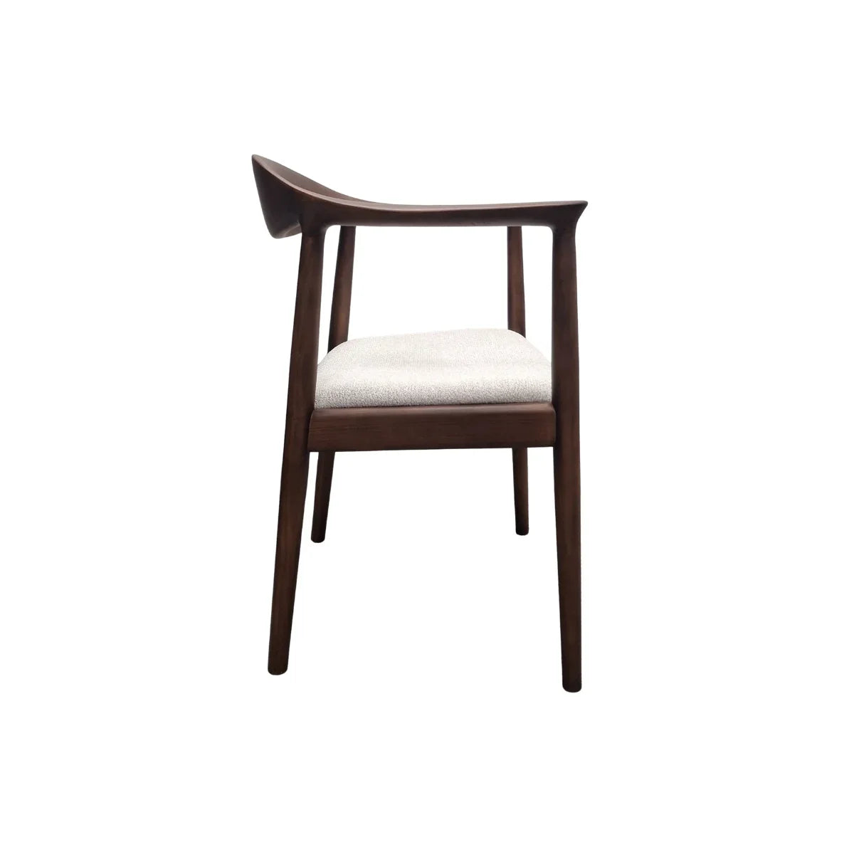 Walnut wooden dining chair with curved backrest and light upholstered seat, side view
