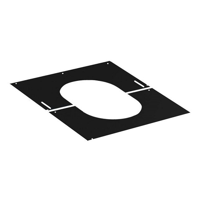 130mm black Solinox finishing plate designed for 45-degree applications, featuring an oval cutout and multiple mounting holes for easy installation.