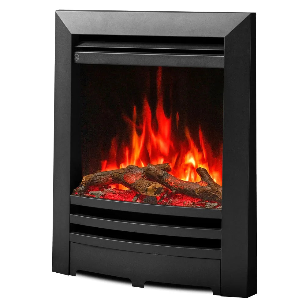 Anya electric fire with realistic flame effect and log display in a sleek black frame.