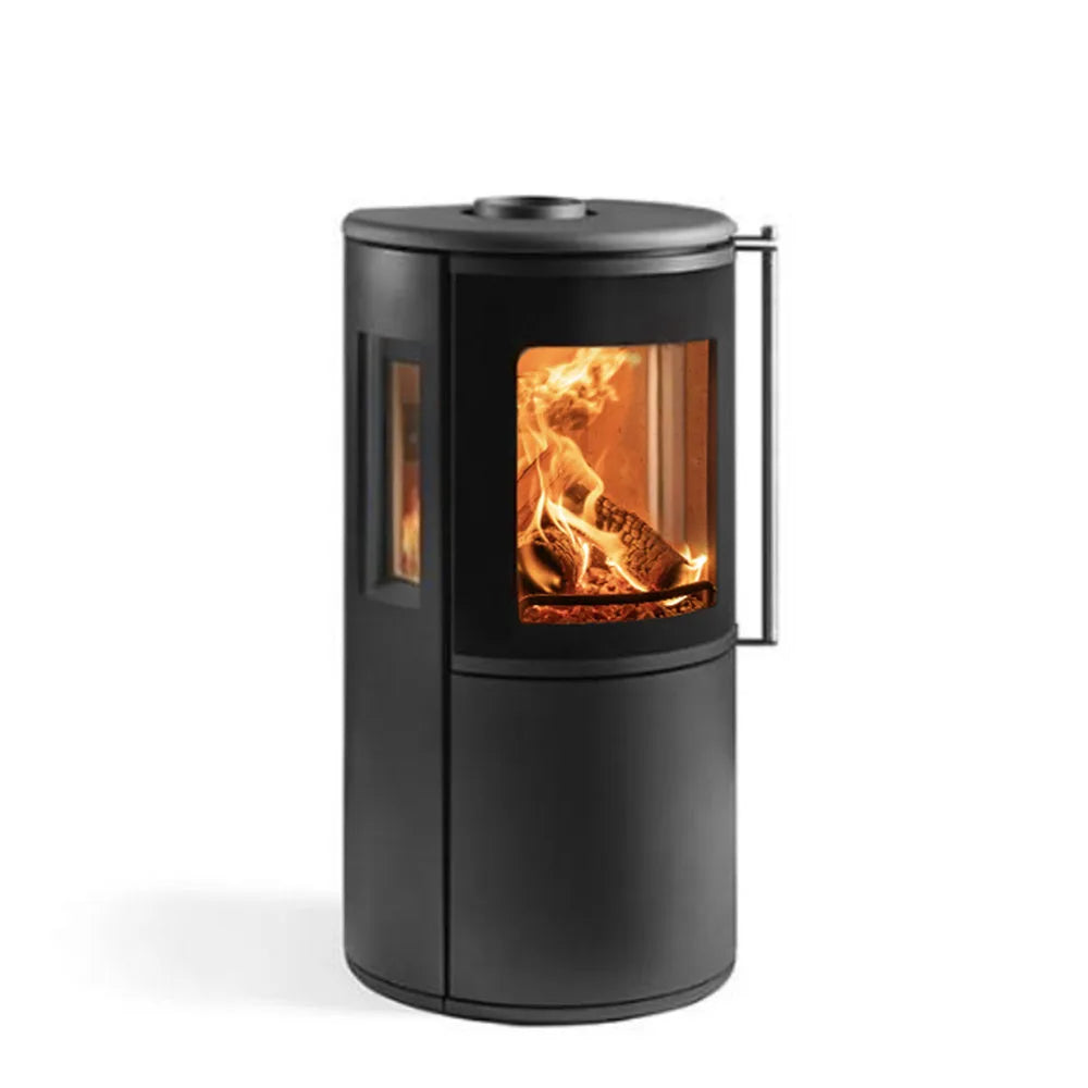Modern wood burning stove with a sleek design and large glass windows showcasing the flames.
