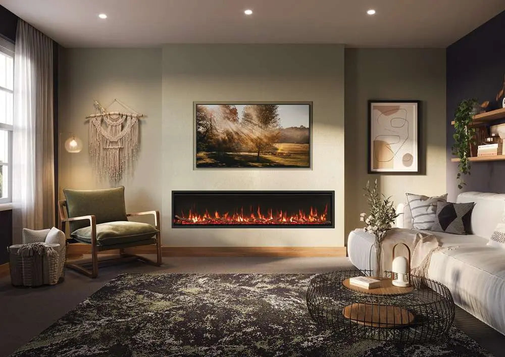 Modern electric fire installed in a stylish living room, featuring a realistic flame effect and a contemporary design.