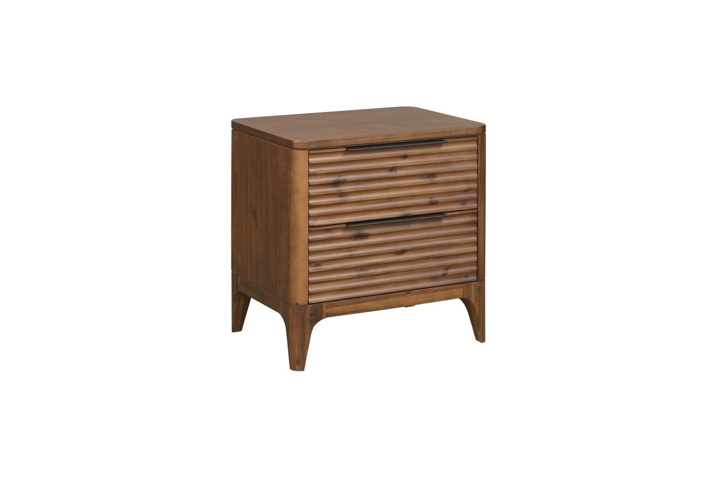 Wooden two drawer locker with grooved drawer fronts and modern black handles