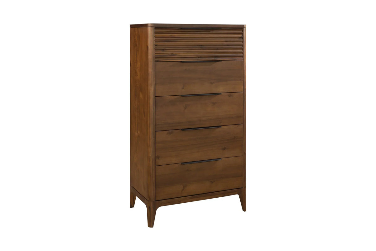 Tall wooden chest of drawers with five drawers and ribbed top section