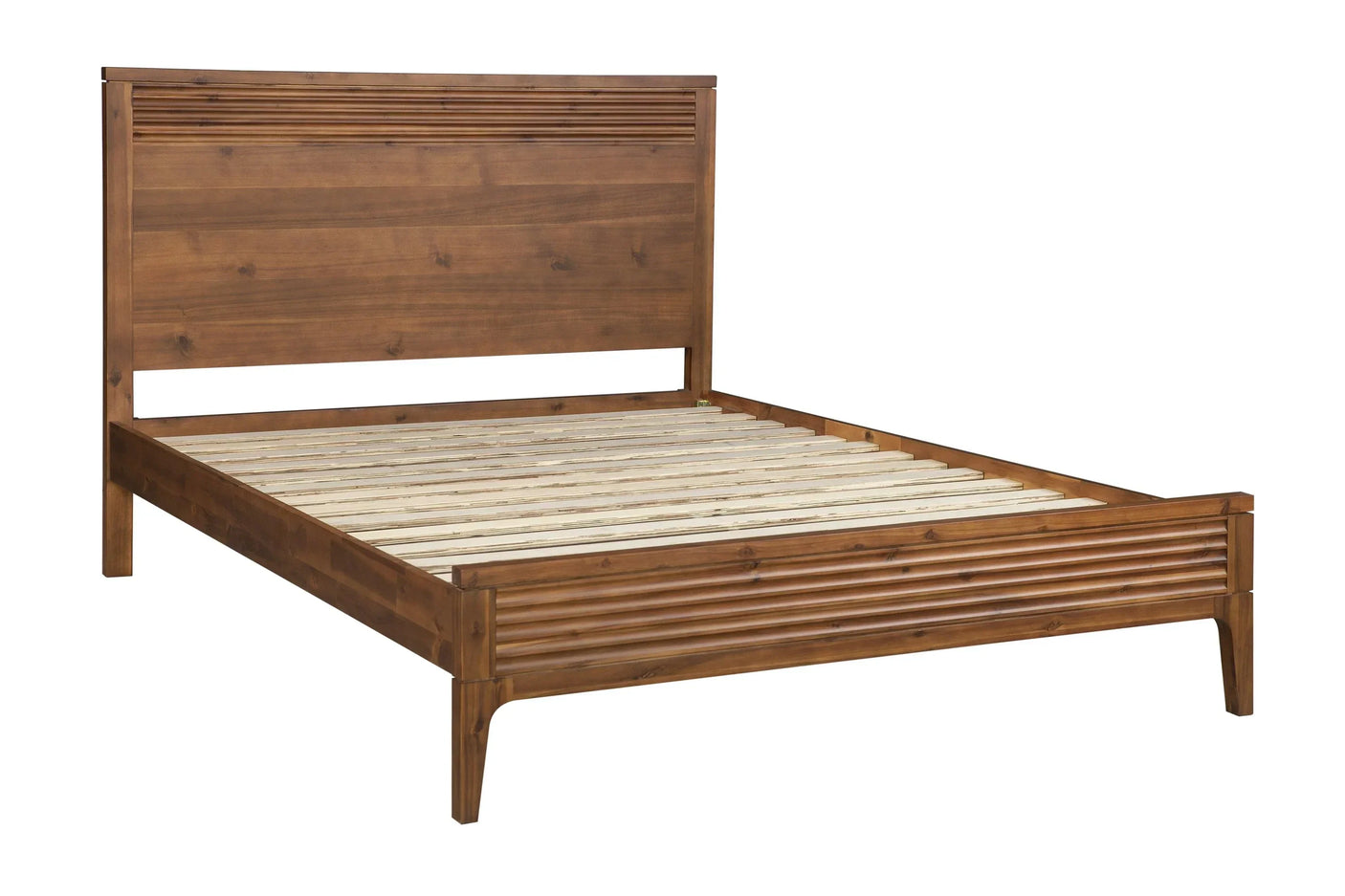Wooden 5ft bed frame with slatted base and grooved headboard, angled front view