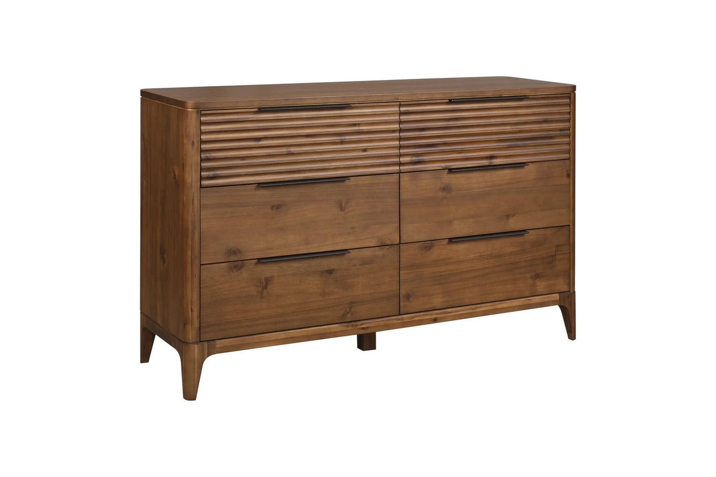 Walnut finish 6 drawer wide chest with grooved wood detail and slim black handles