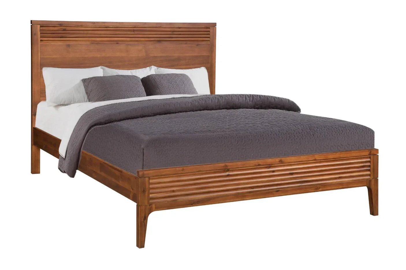 Wooden bed frame with slatted headboard, grey quilt, and white pillows