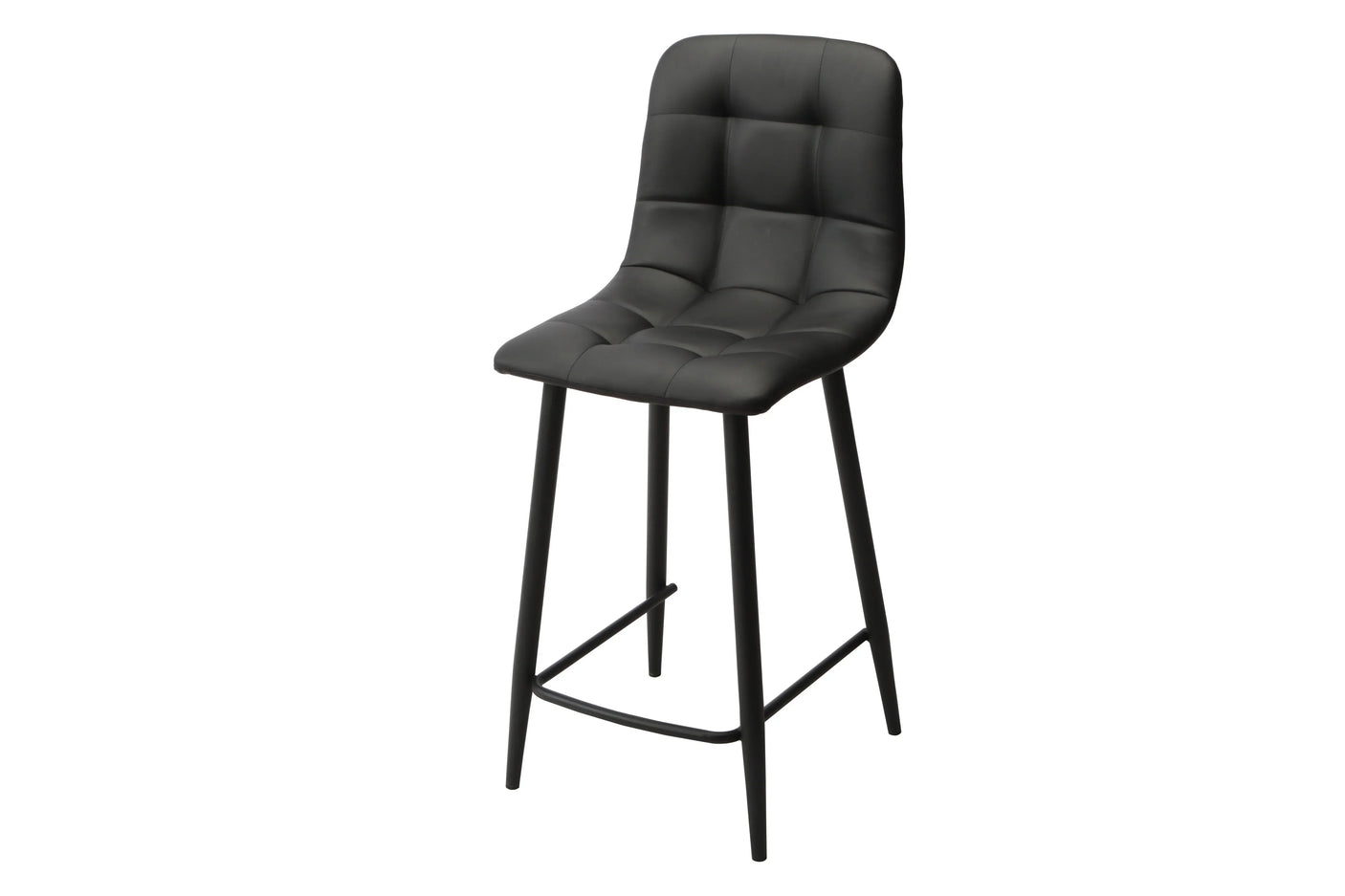 Black bar stool with padded seat, metal legs and low backrest, side angle view
