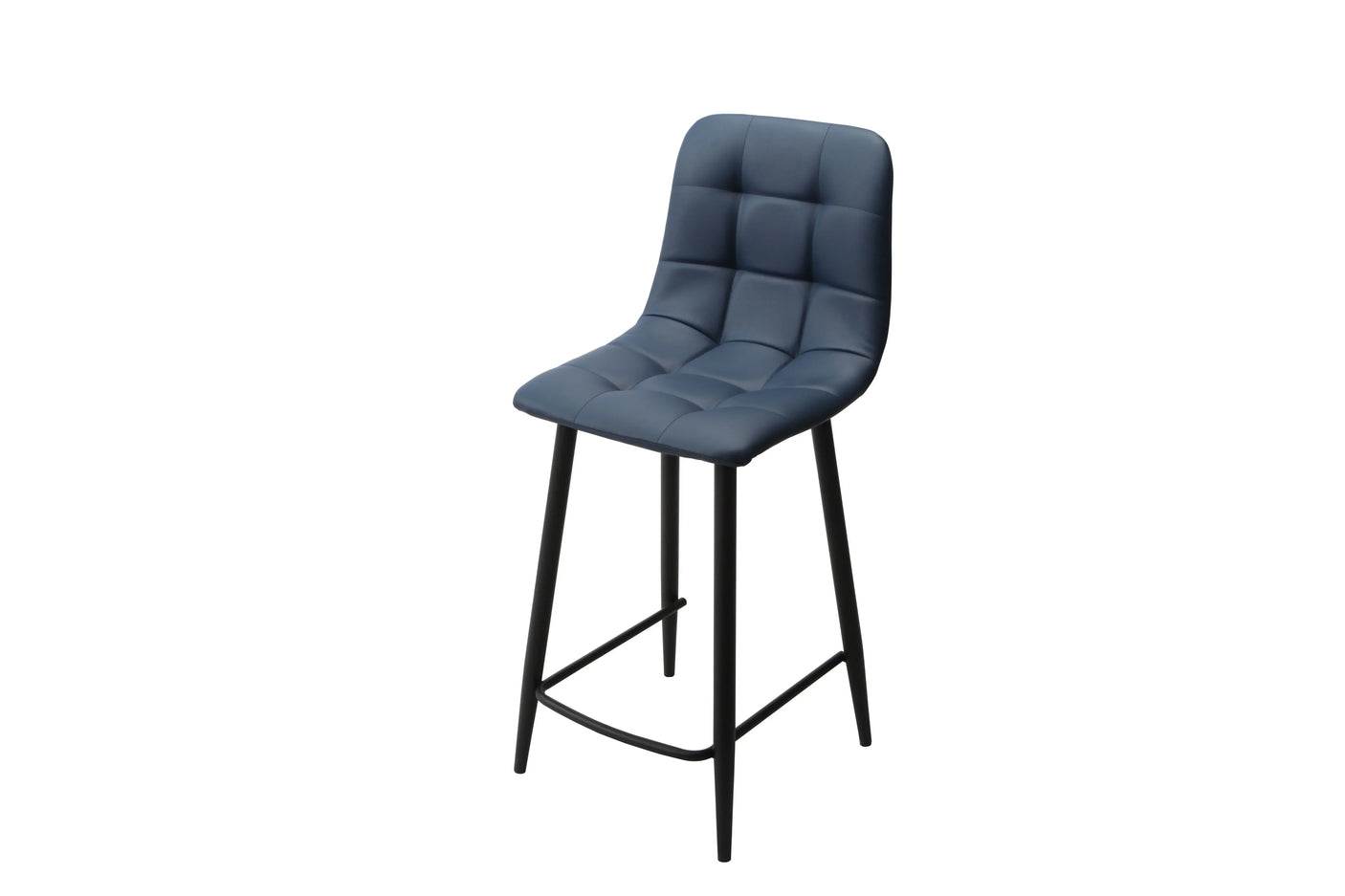 blue PU bar stool with quilted seat and black metal legs, front angle view