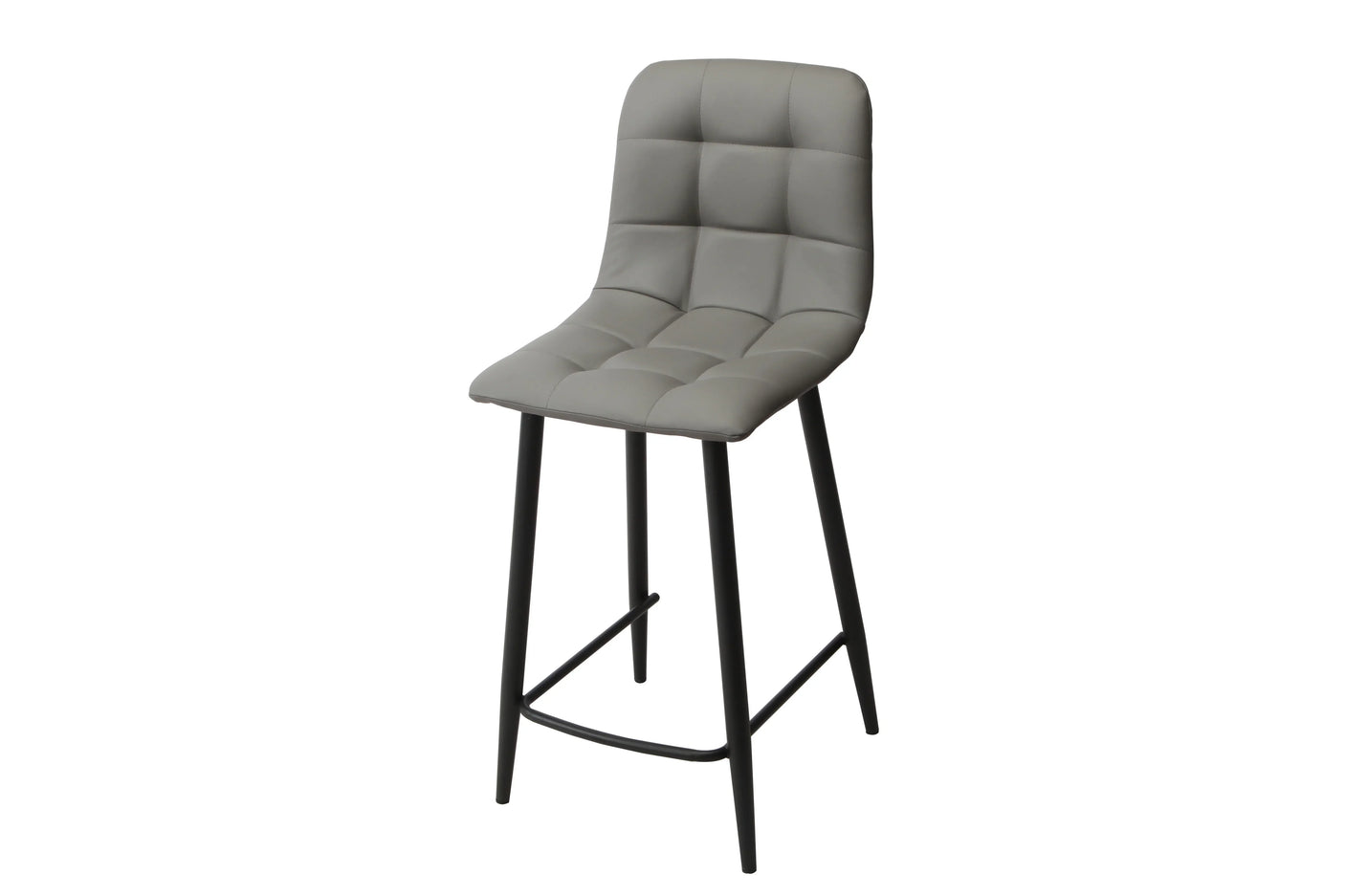 Grey PU bar stool with quilted seat and black metal legs, shown against a white background