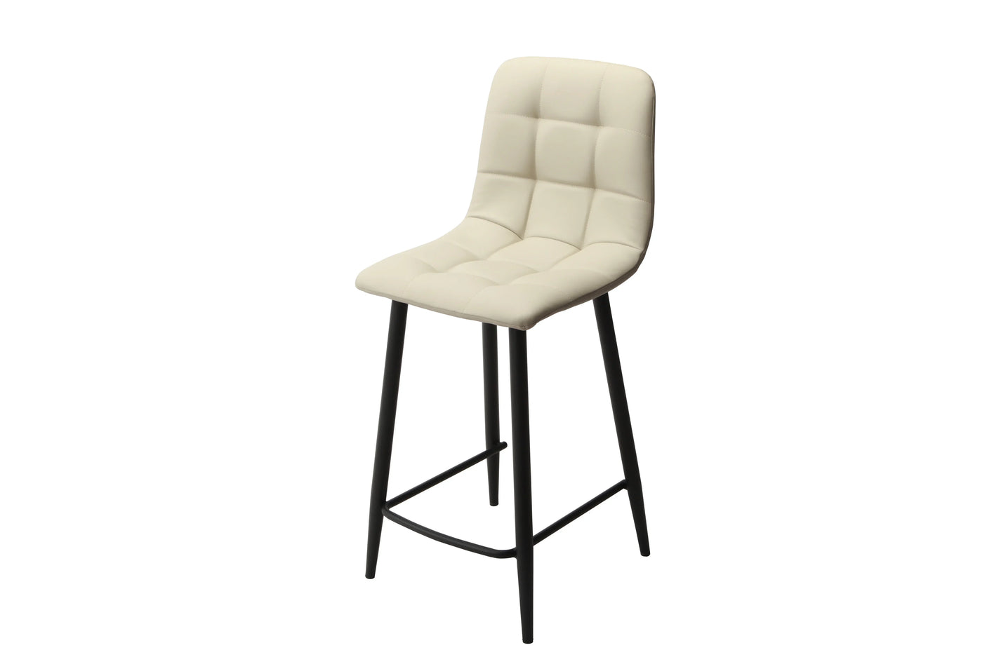 Taupe PU bar stool with black metal legs and quilted seat upholstery, side view