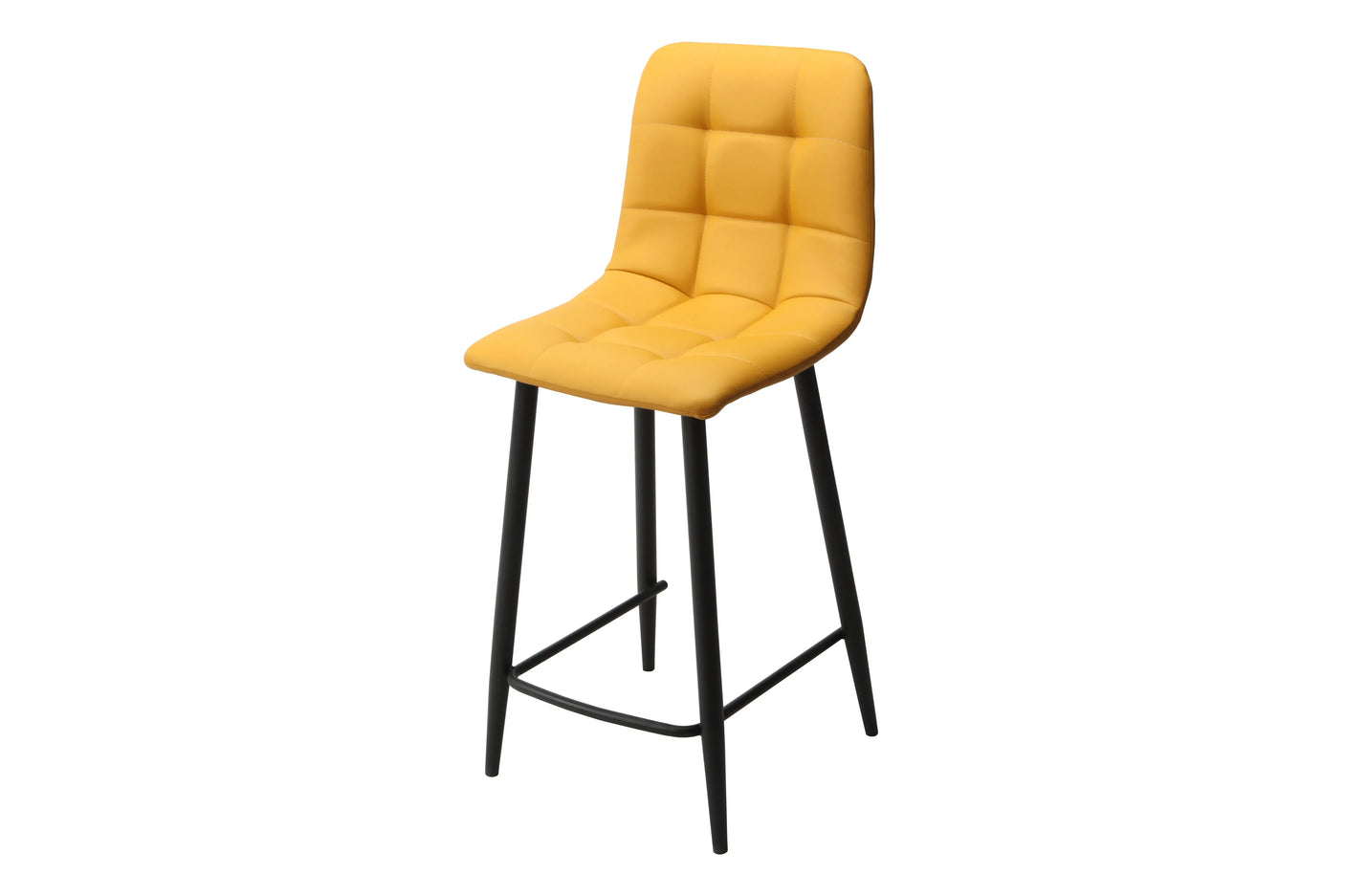 yellow PU leather bar stool with black metal legs and quilted seat design