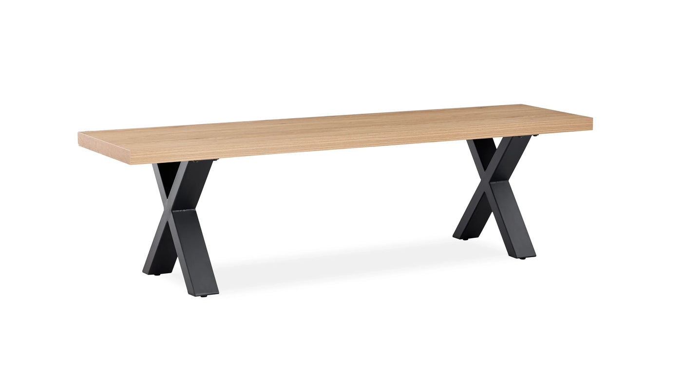 Oak bench with black metal X-legs, contemporary dining bench in light wood finish