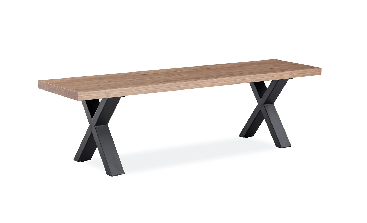 Walnut bench with rectangular wooden seat and black metal X-frame legs on white background
