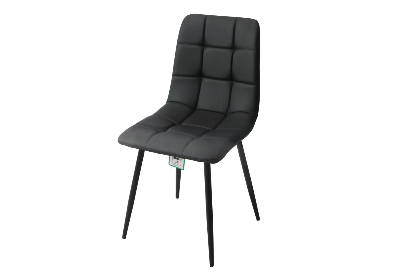 Black PU leather dining chair with square stitching and slim metal legs, front angle