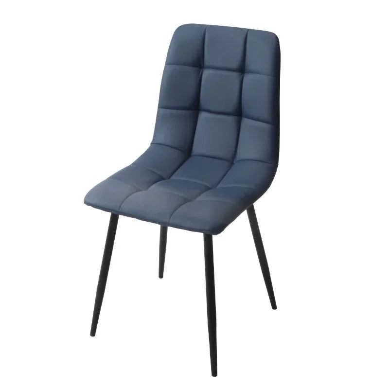 Blue PU leather dining chair with quilted seat and black metal legs