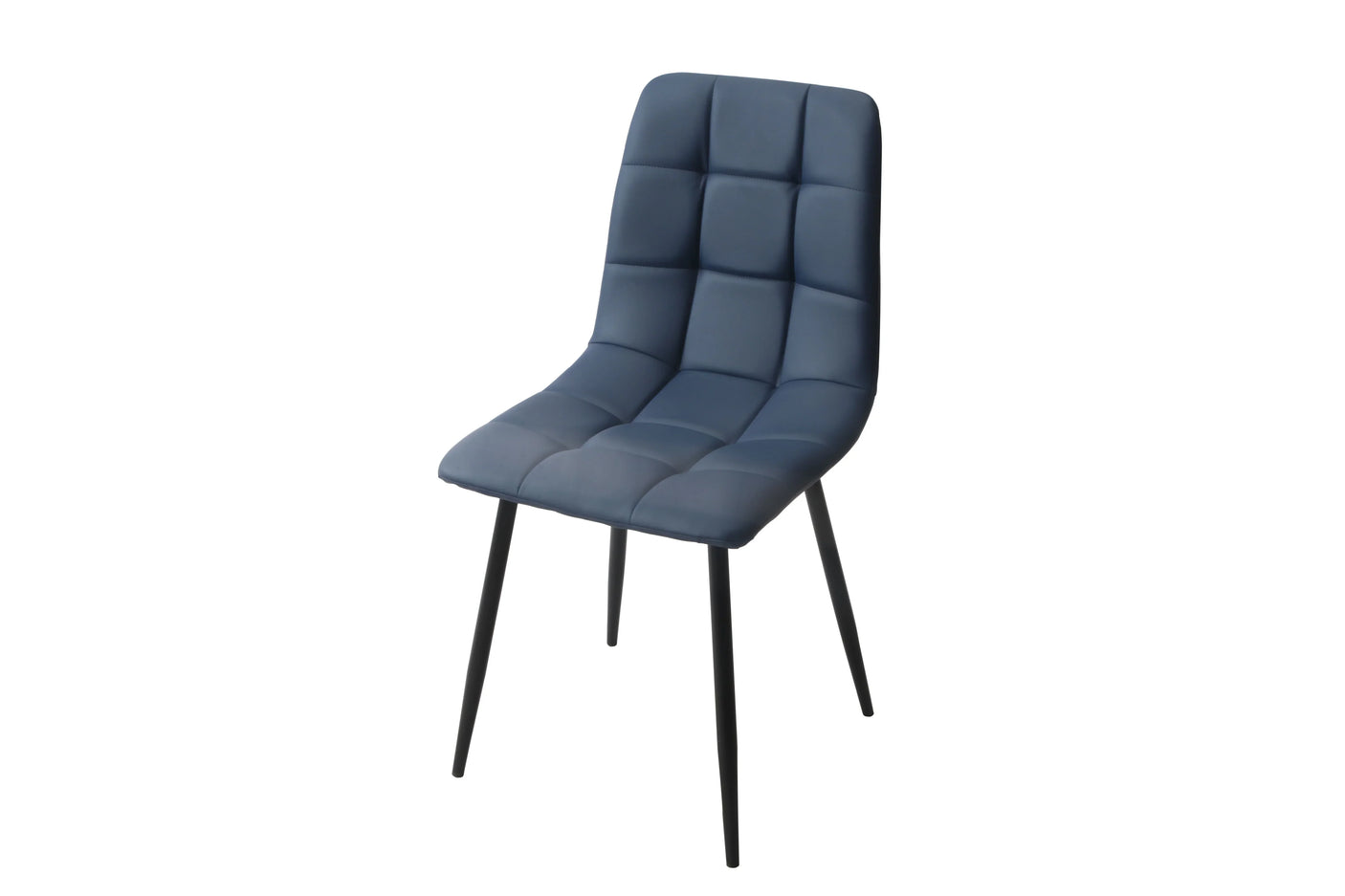 Blue PU leather dining chair with quilted seat and black metal legs