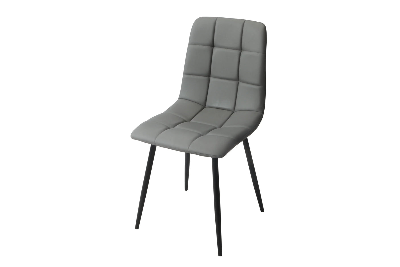 Grey PU dining chair with grid-stitched seat and black metal legs on white background