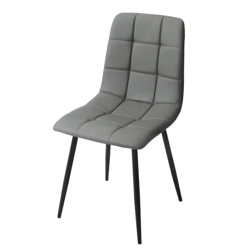Grey PU dining chair with black metal legs and tufted seat design on white background
