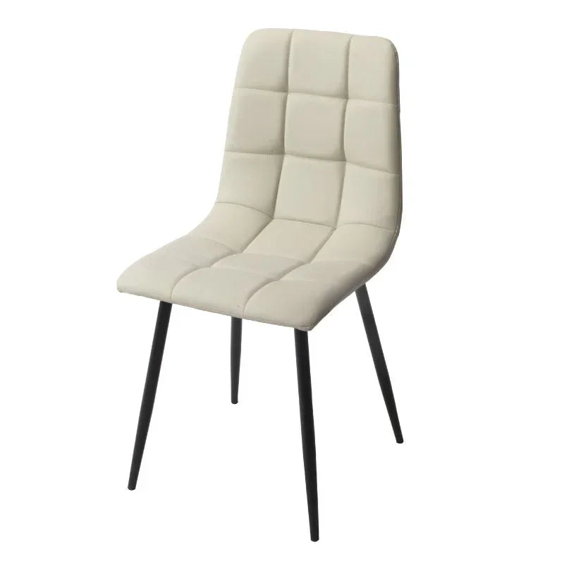 Taupe PU dining chair with square stitched seat and black metal legs on white background