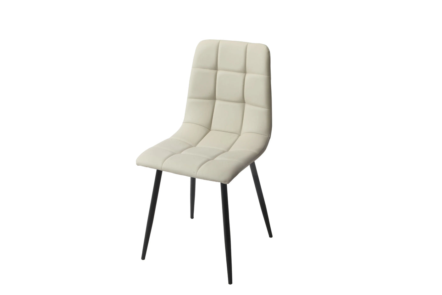 Taupe PU dining chair with black metal legs and grid-stitched seat upholstery